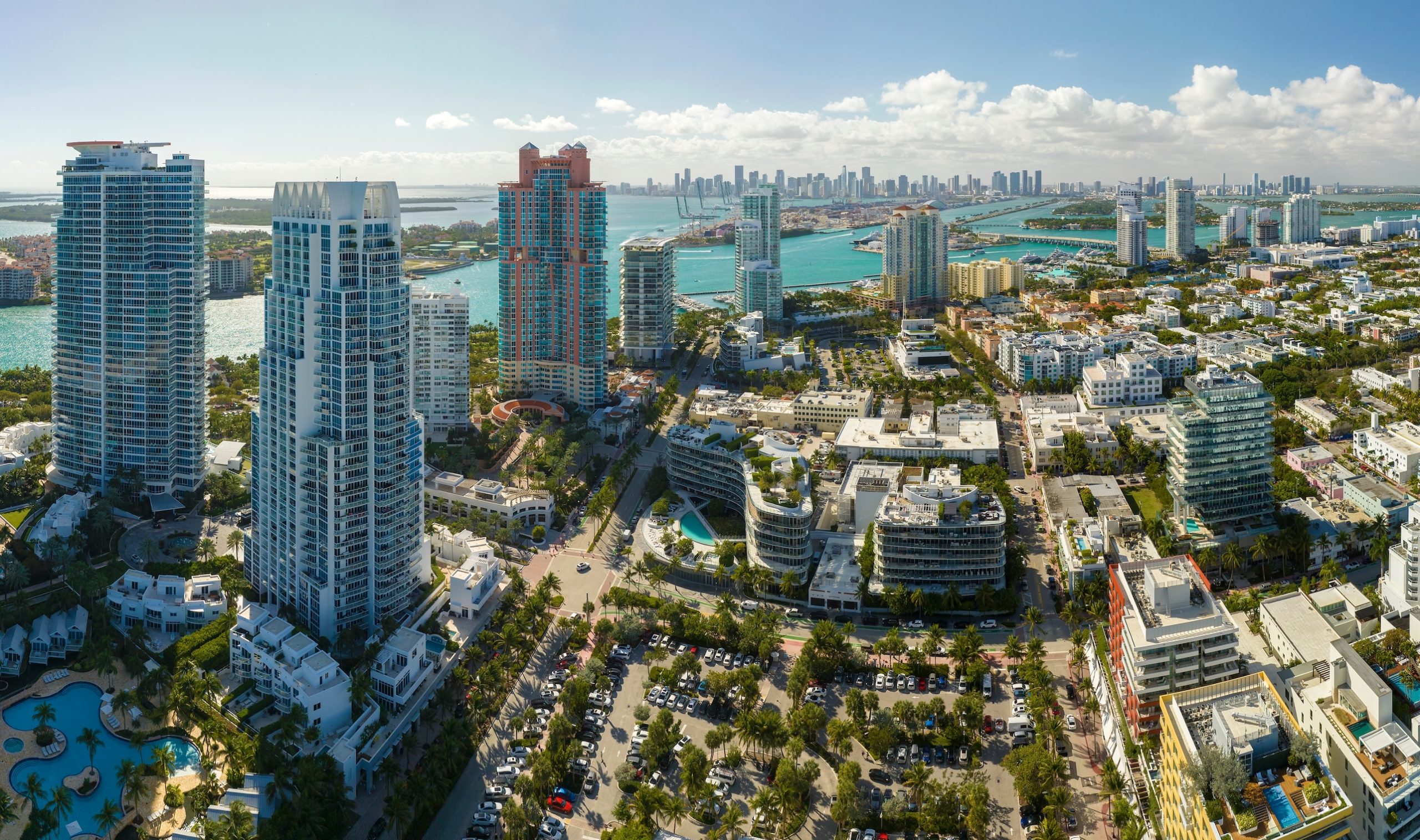 Aerial view of South Beach architecture. Miami Beach city with high luxury hotels and condos. Tourist infrastructure in southern Florida, USA